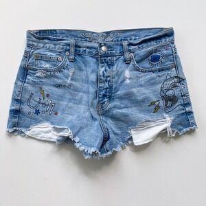 2017 American Eagle Denim Shorts High Rise Distressed Frayed‎ Hem Size 10